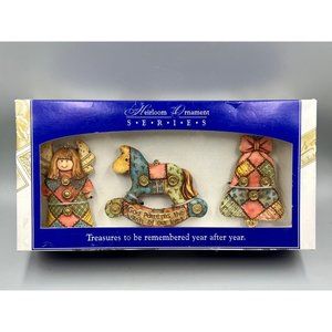 3 Pc. Sierra Gift Company Ceramic Patchwork Ornaments - Angel/Rocking Horse/Bell